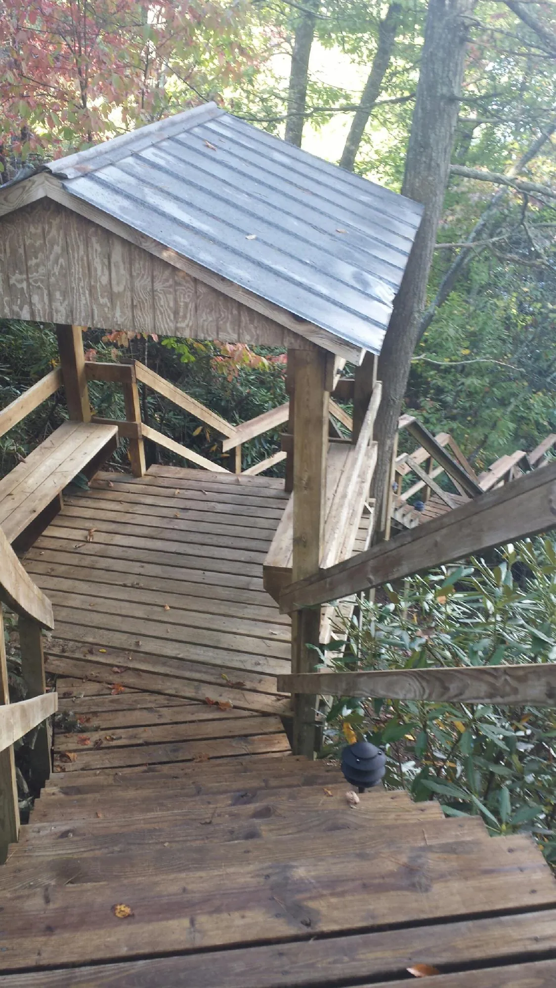 Metal roofed shelter over wooden steps on a wooded walkway — Skylight Repair & Installation work by our crew in Woodbury Heights
